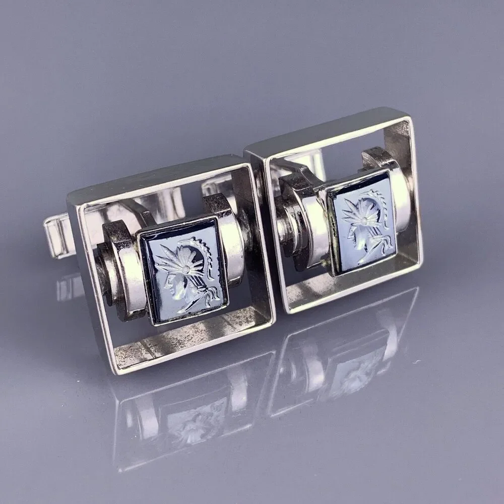 Trojan Gladiator Warrior Cufflinks Silver Tone Intaglio Hematite Gray Vintage